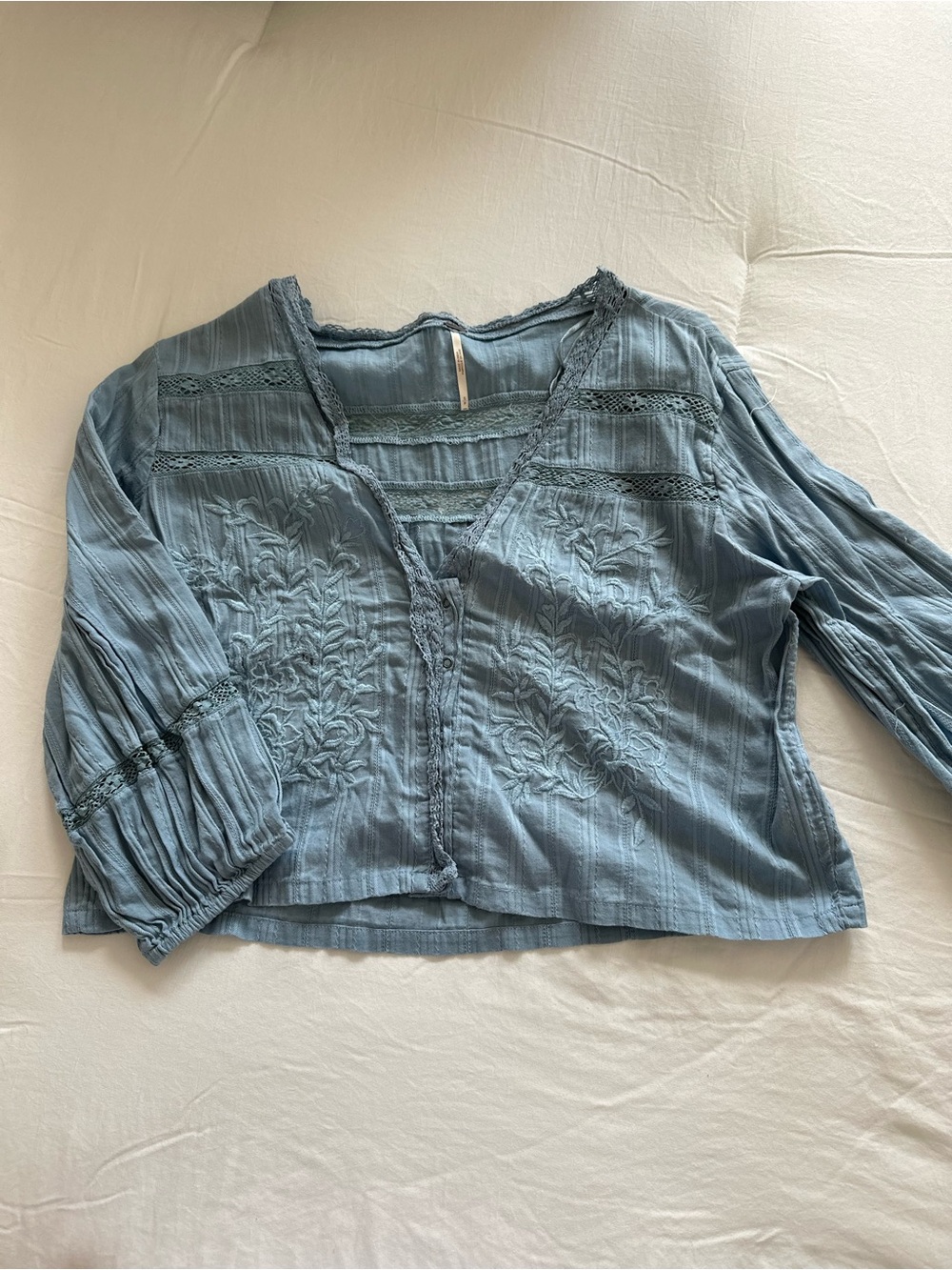 Free People Dusty Blue Embroidered V-Neck Blouse